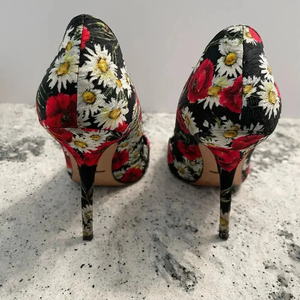 Dolce & Gabbana Pumps Floral Print Crystal Flower High Stiletto Heel Size 39.5